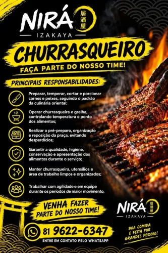 VAGA PARA CHURRASQUEIRO COM EXPERIÊNCIA NO PARNAMIRIM!