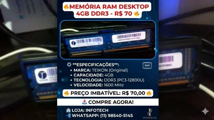 ? Memória RAM Teikon 4GB DDR3 (1600MHz)
