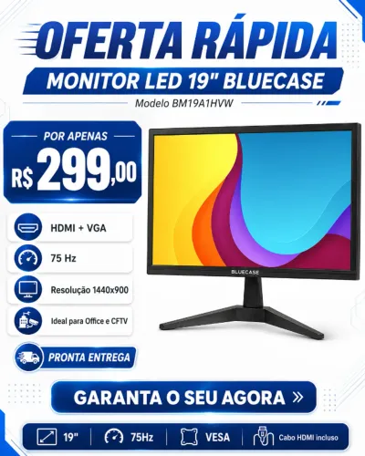 Monitor 19" LED Bluecase HDMI VGA 75Hz Novo - Pronta Entrega