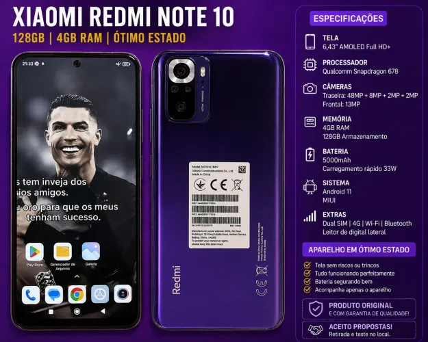 Xiaomi Redmi Note 10 128GB | 4GB RAM | Excelente Estado | Tela AMOLED.