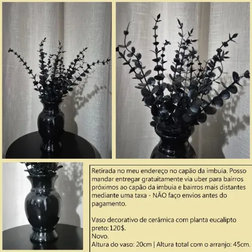 Vaso de cerâmica com planta artificial preto novo