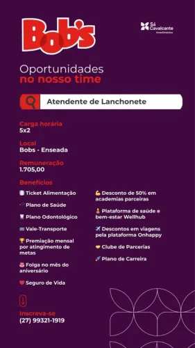 Vaga loja Bobs enseada do sua