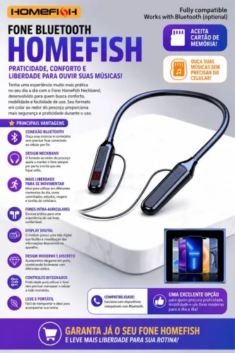 fone Bluetooth de pescoço com mostrador digital e cartão de memória