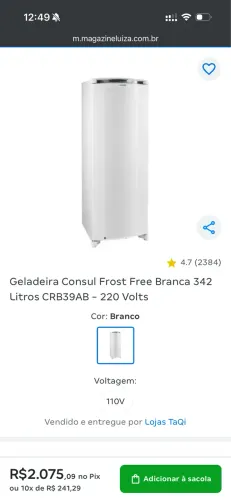 Geladeira Consul Frost Free Branca 342 Litros CRB39AB