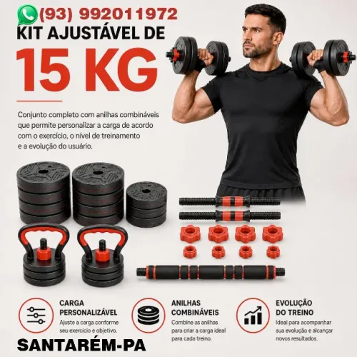 Kit Halteres 6 em 1 Multifuncional Ajustável, 15kg, Barra e Kettlebell