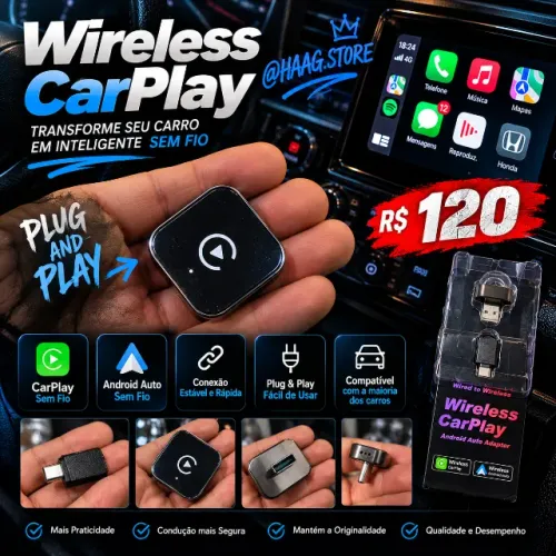 Adaptador Wireless CarPlay Android Auto Sem Fio Plug & Play USB-A USB-C para Carro