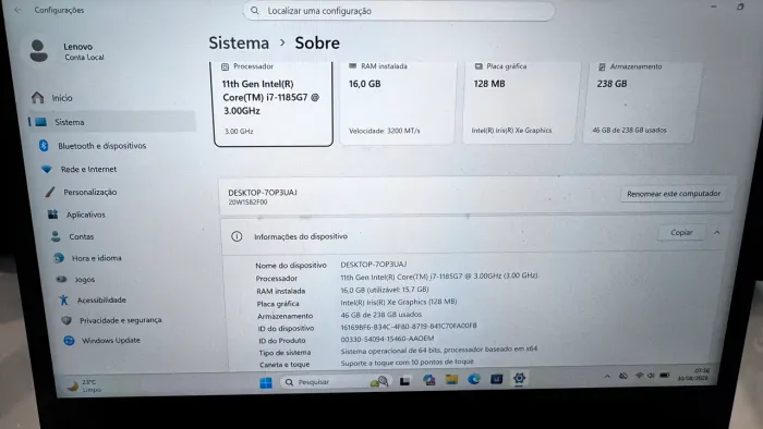Notebook Thinkpad T14 Tela Touch i7 11Th 16GbRam 256Gb