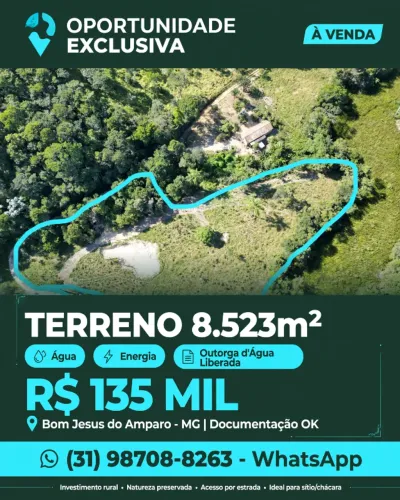 Terreno 8.523 m2 - Água - Energia - Aceito carro/moto