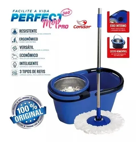 Mop Giratorio Rotatorio 360 de Inox Original PERFECT MOP PRO com 3 refil - Super Promocao