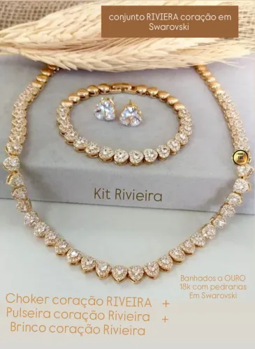 Kit Riviera Coração Swarovski Banho Ouro 18k