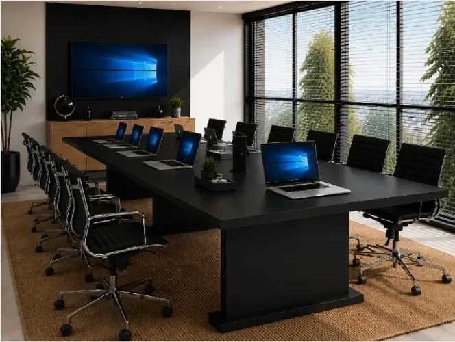 Mesa de Reunião Blackout Delluxe. Painel e Armário, 3 Torres De tomadas. L420cm x P130cm