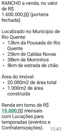 Rancho a venda porteira fechada