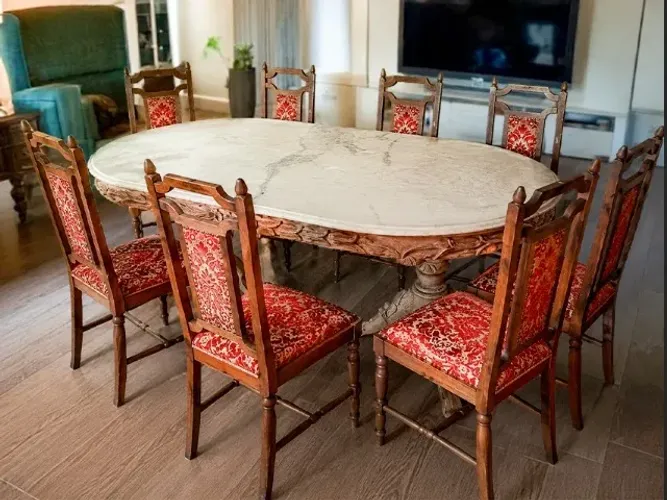 Mesa de jantar em jacarandá, entalhada, com tampo de mármore-veja o vídeo
