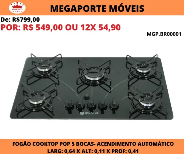 Fogão Cooktop 5 Bocas Braslar Acendimento Automático