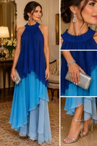 Vestido festa em tecido fluido em tons de azul degradê.