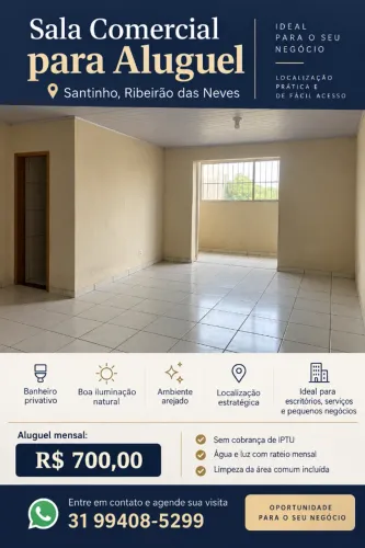 Alugo Sala Comercial com Banheiro Privativo - Santinho, Ribeirão das Neves