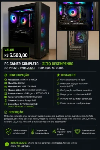 PC Gamer i5-10400F + RTX 4060 Ti MSI + 16GB RGB | HD 500GB | R$ 3.500
