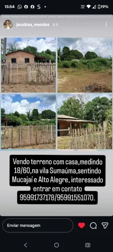 Vendo terreno Na vila Sumaúma. Município d Alto Alegre e Mucajaí 