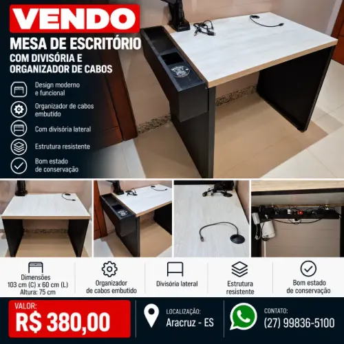 Mesa de escritório com divisória e organizador de cabos