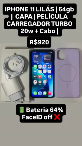 IPHONE 11 LILÁS | 64gb |  CAPA | PELÍCULA  CARREGADOR  + Cabo |  Bateria 64% | FaceID off