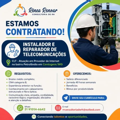 Contrata-se: Instalador e Reparador de Telecomunicações com experiência