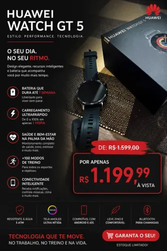     Huawei Watch GT 5: De R$ 1.599 por apenas R$ 1.199,99