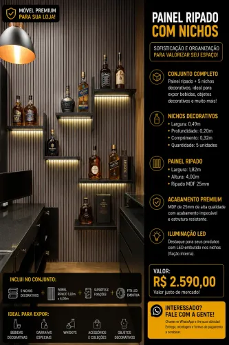 Painel Ripado com 5 Nichos e LED MDF 25mm 1,82x4,00m Seminovo