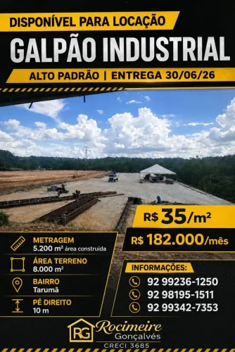 Galpao para locação no Tarumã 5.200 - com 03 docas, Pe direto 10m, Manaus - AM