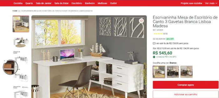 Mesa de Escritório em L com Gavetas - 3 meses de uso
