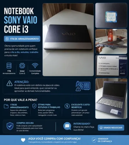 Notebook VAIO Core i3 1TB - Defeito na Placa de Vídeo