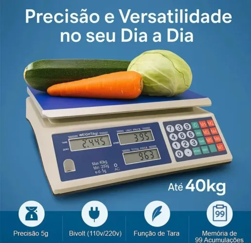 Balança digital 40 kg cor azul e cálculo de peso