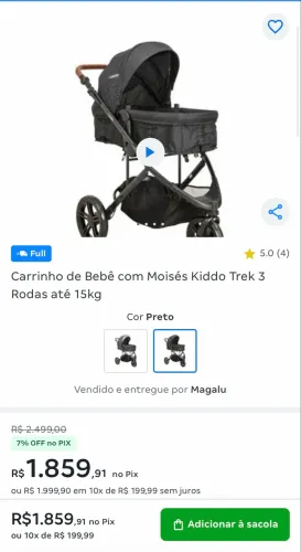 Carrinho de Bebê com Moisés Kiddo Trek 3 Rodas até 15kg