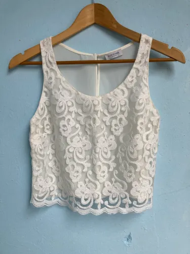 Cropped Branco Feminino com Renda, Tam P