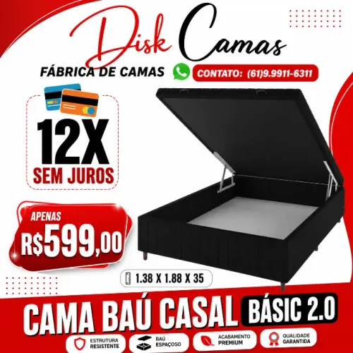 Cama Baú Casal 1.38x1.88x35 Preta com Espaço Interno e 12x Sem Juros - R$599,00