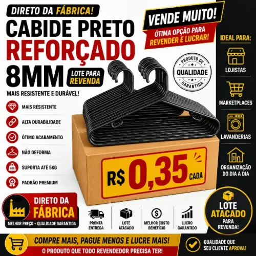 Lote de Cabides Preto de Plástico 8mm 50 caixas 12500 unidades
