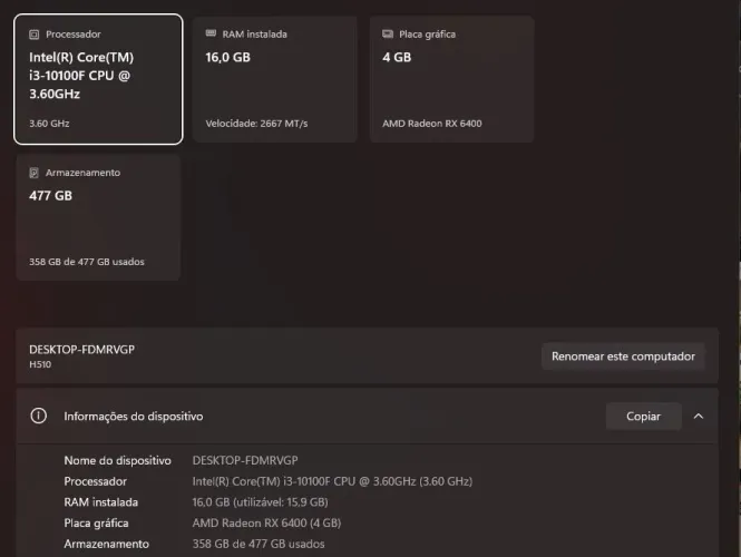 PC i3 10100f 3.60ghz / 16gm de ram / rx6400