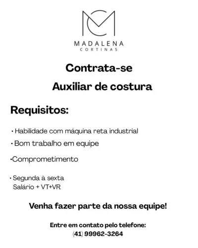 Vaga de emprego auxiliar de costura