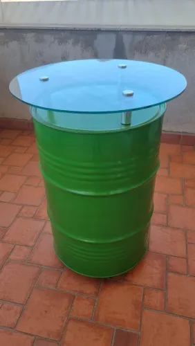 Tambor mesa, com tampo de vidro e rodinhas