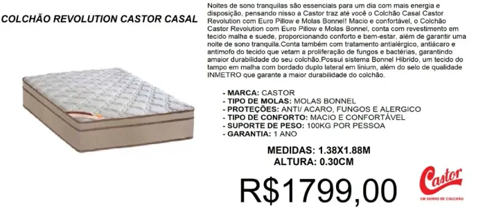 COLCHÃO CASAL CASTOR MOLAS 30CM