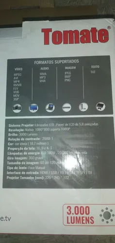 Projetor Tomate Home Cinema Mpr-2002 3000 Lumens 110V/220V<br><br><br>