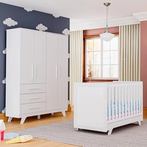 Roupeiro Infantil Retro Liso + Berço Cama Retro, 100% MDF - Peroba 