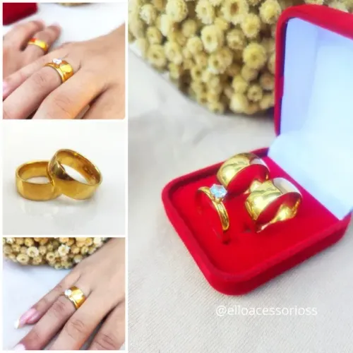 Par de Alianças Oval Lisa 8mm com Banho 18K + Anel Solitário + Caixa de Veludo