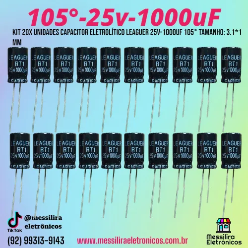 Kit (20 unidades) Capacitores Eletrolíticos Leaguer 25v 1000uf 105°