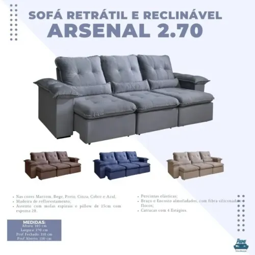 Sofá retrátil e reclinável 2,70 com molas pilow de 15 cm Hipersot