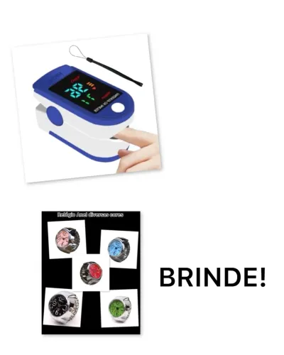 Oxímetro digital azul com pilhas e cordão + Brinde