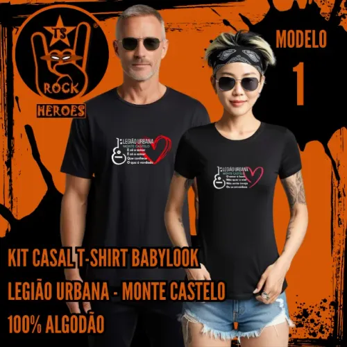 Kit Casal Legião Urbana Frases Monte Castelo Dia dos Namorados T-Shirt Babylook Algodão