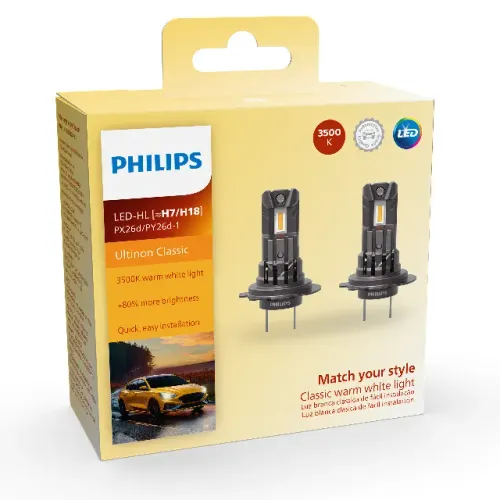 Par Lâmpada Led Philips Ultinon Classic H7 H18 Amarelo 3500k
