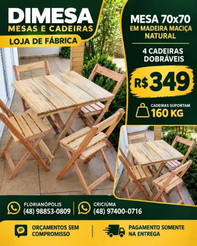 Mesa madeira maciça sem verniz com 4 cadeiras dobráveis