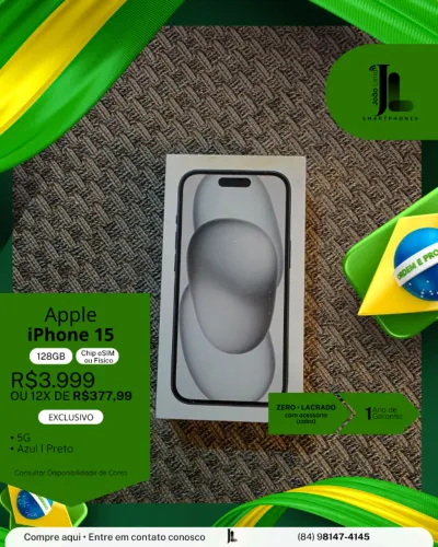 IPHONE 15, 128GB, CHIP ESIM OU FÍSICO, LACRADO, EXCLUSIVO!