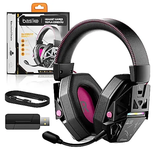 Headset Gamer Basike Sem Fio RGB | Bluetooth + USB 2.4G + Cabo | Excelente Estado